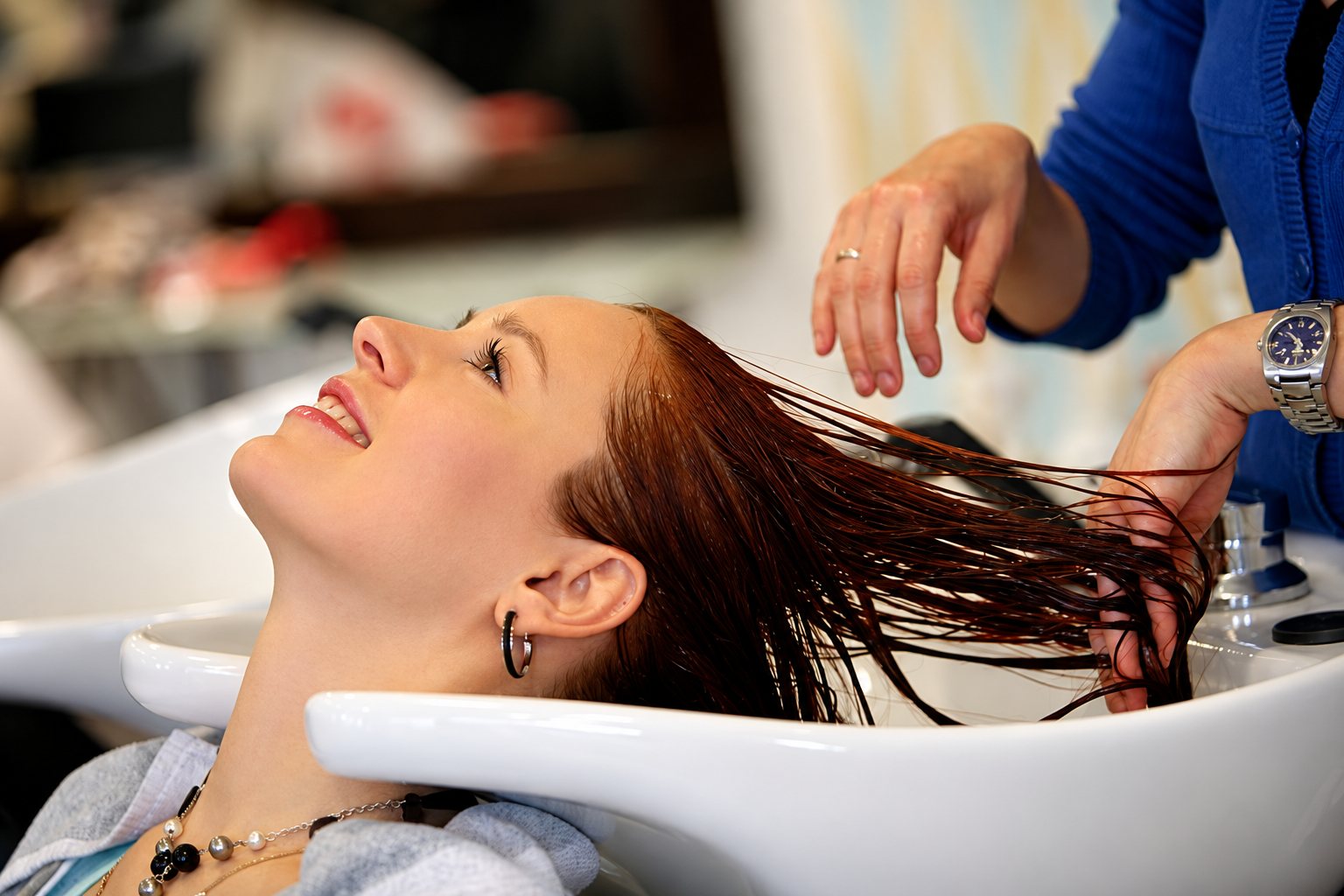 Une jeune femme aux cheveux roux mouillés sourit, la tête appuyée sur un bac à shampoing, tandis qu’une coiffeuse en bleu lui masse les cheveux.