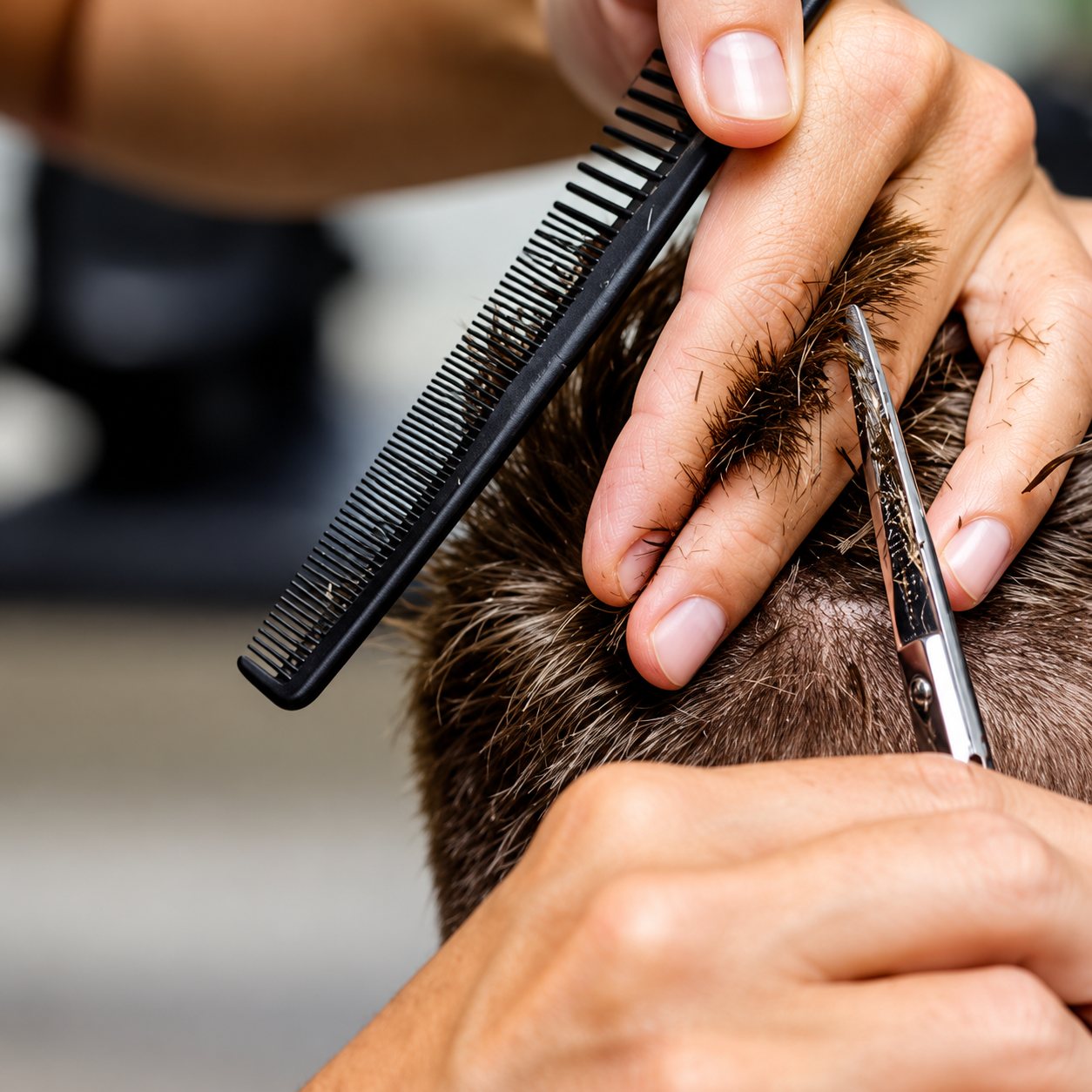 Gros plan sur les mains d’un coiffeur qui coupe des cheveux bruns avec des ciseaux et un peigne noir.
