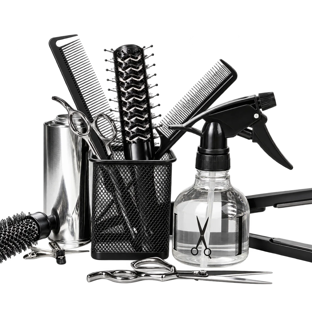 Des accessoires de coiffure en noir et blanc, dont des peignes dans un pot grillagé, des ciseaux, une brosse ronde, un vaporisateur et un lisseur.