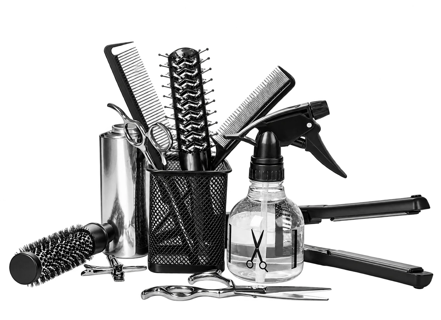 Des outils de coiffure en noir et blanc, dont des peignes, des ciseaux, une brosse ronde, un vaporisateur et un lisseur.